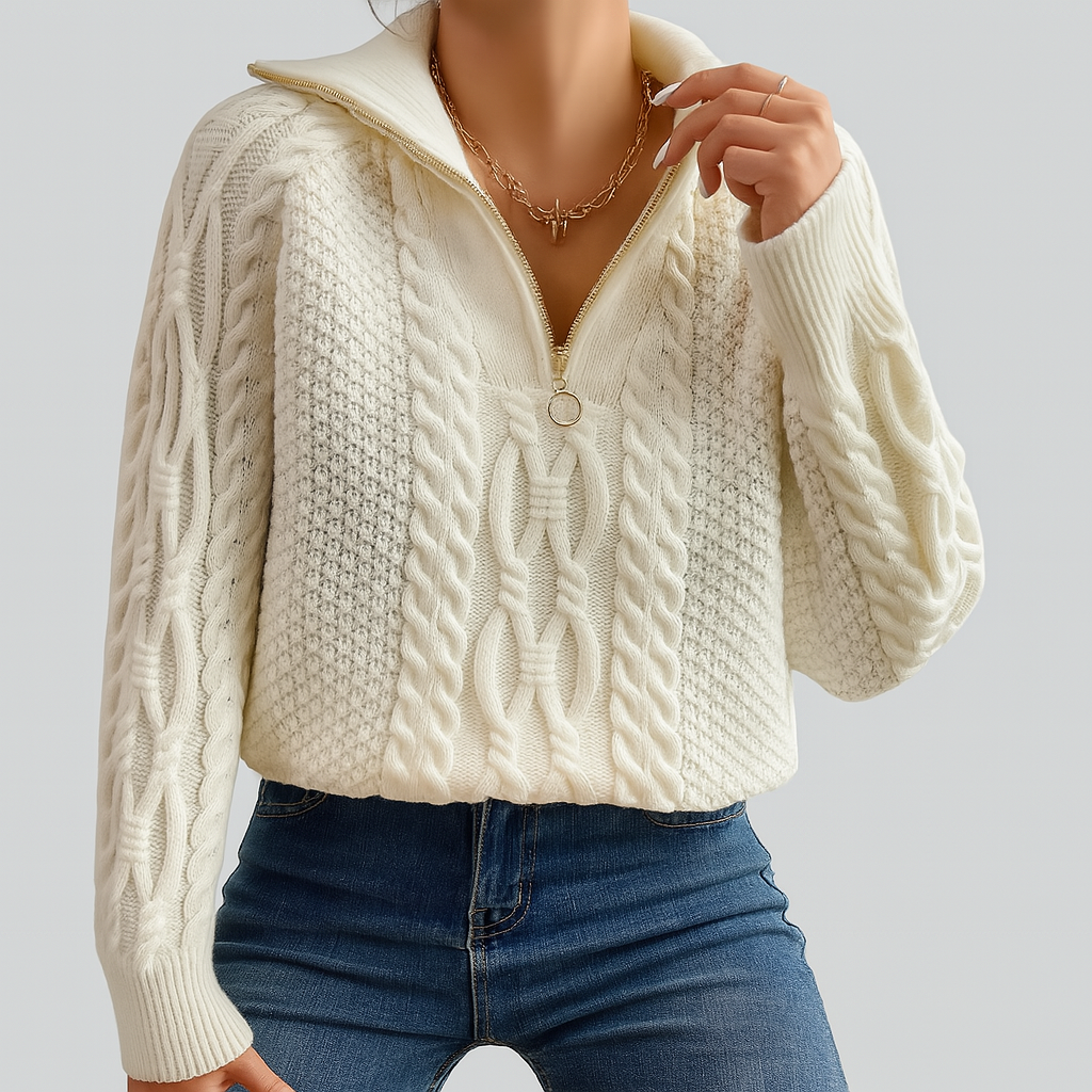 Harlow – Cable Knit Sweater with Zipper Collar